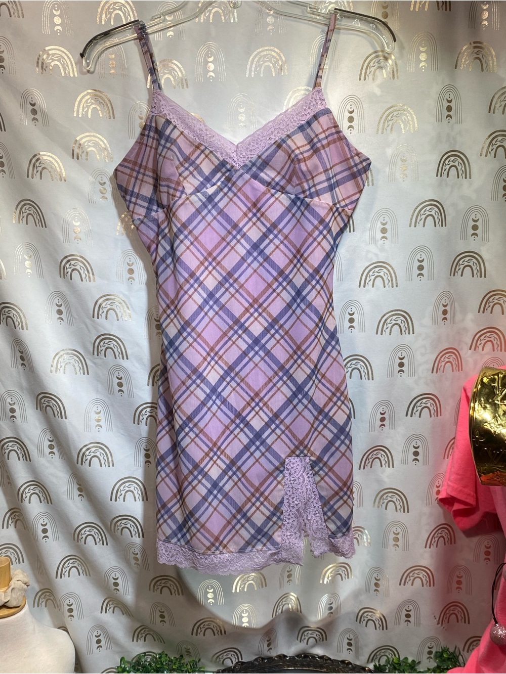 Forever 21 Lavender Plaid Lace-Trim Slip Dress